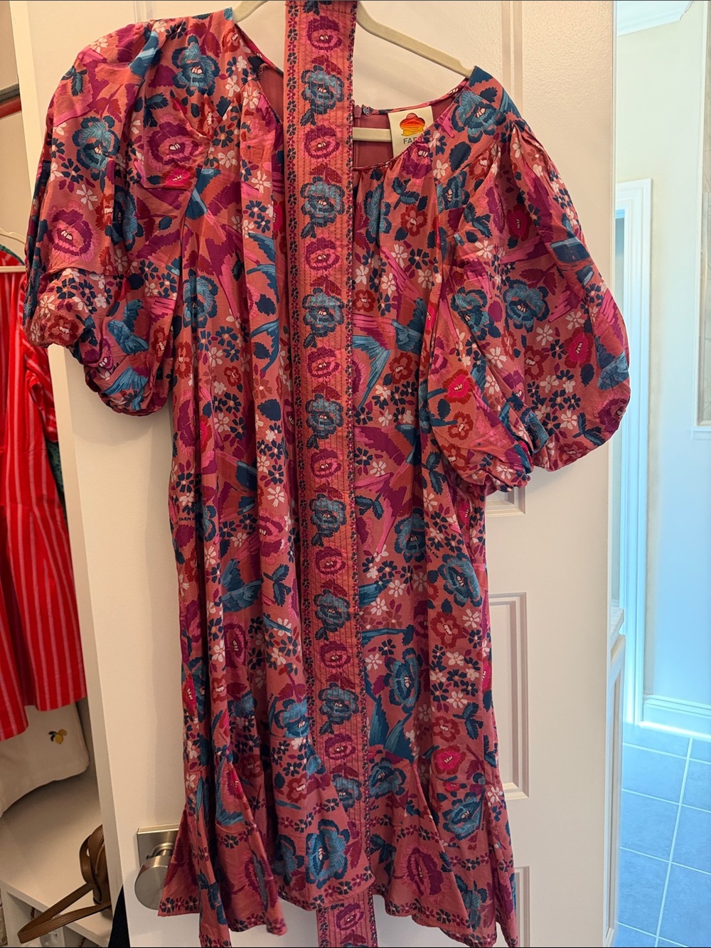FARM Rio Pink Floral Puff Sleeve Mini Dress with Blue Accents